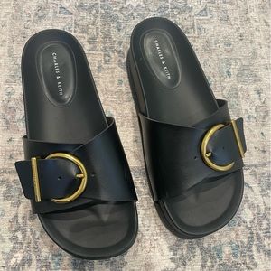 Black, chunky, buckle sandals